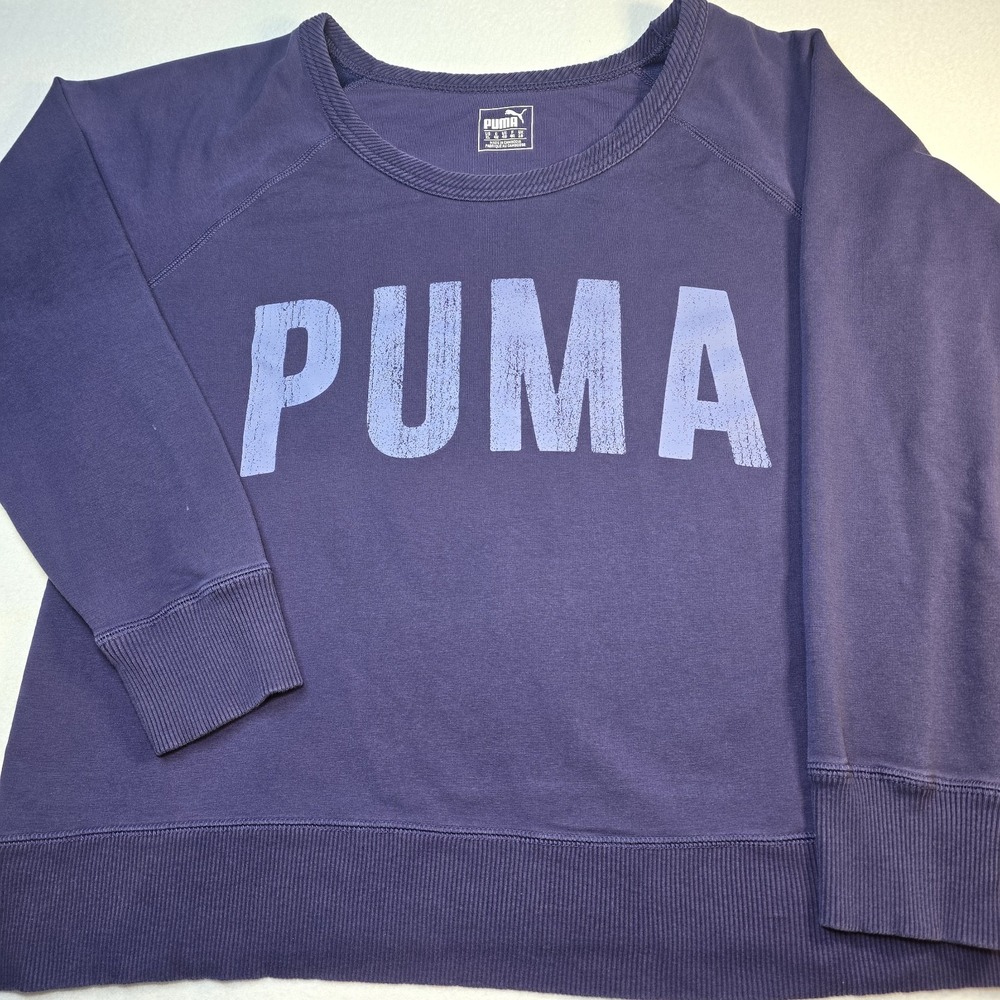 Puma Sweatshirt Wom XL Purple Graphic Pullover Raglan Scoop Neck Distressed Logo - Picture 2 of 8